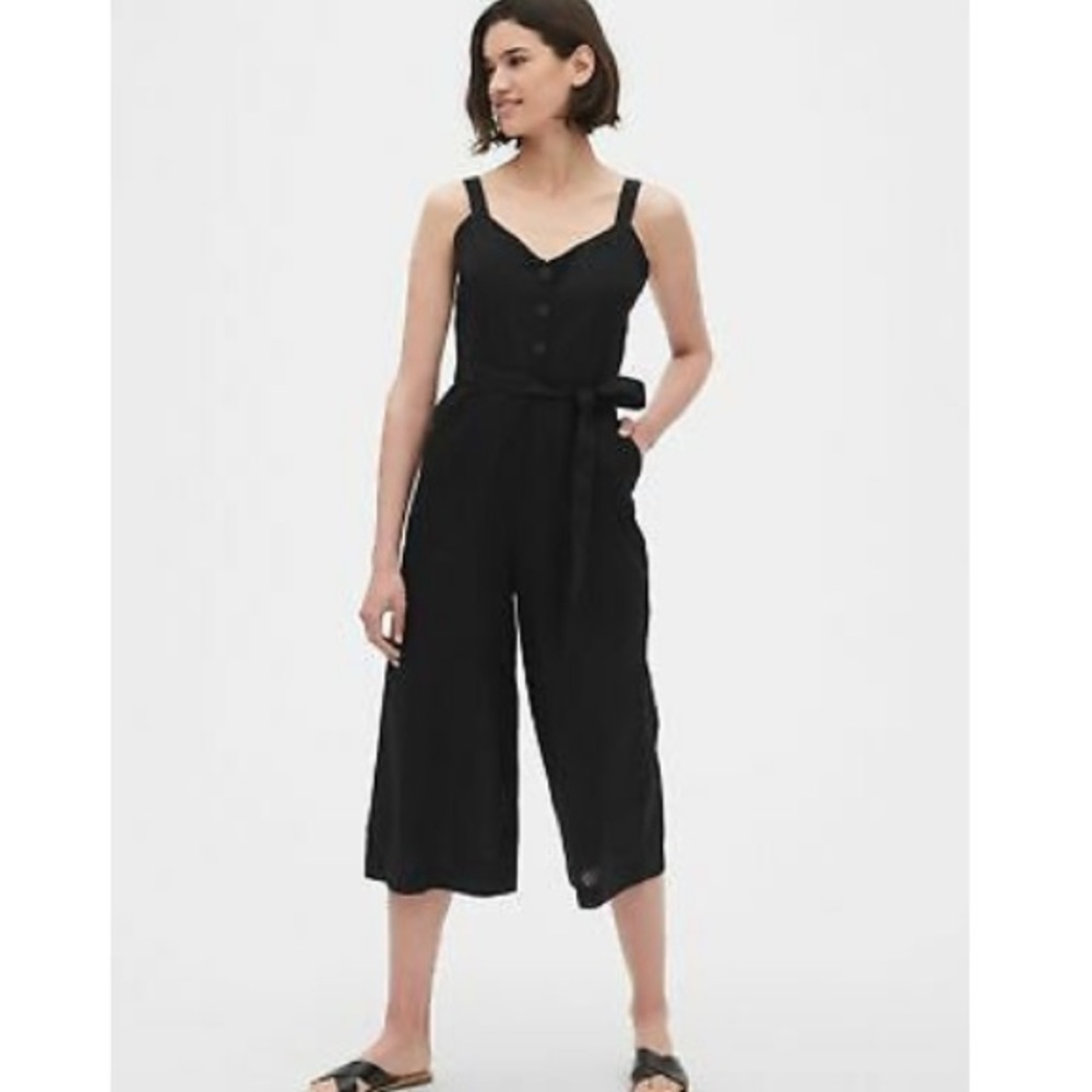 Black Linen Button Front Wide Leg Jumpsuit || GAP